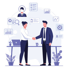 2D flat vector illustration showing a manager shaking hands with a new employee in a modern office environment, symbolizing a successful onboarding process with vibrant colors and clean outlines.