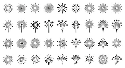 A collection of diverse firework designs, presented as black and white vector graphics, arranged in rows and columns.