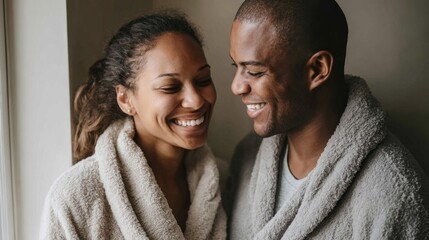 Obraz premium Couple enjoying a cozy moment together at home in comfortable robes on a relaxed morning