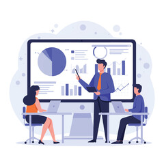 Business professionals collaborate, as an analyst presents vibrant 2D flat vector data visualizations, including pie charts and bar graphs, on a large monitor.