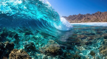 Obraz premium Clear ocean wave curling over coral reef coast