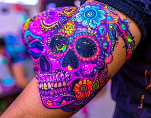 Vibrant colorful painted sugar skull on an arm