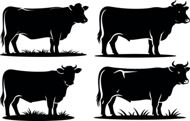 Silhouette of Cows in Black and White A Set of Farm Animal Illustrations Vector Graphic
