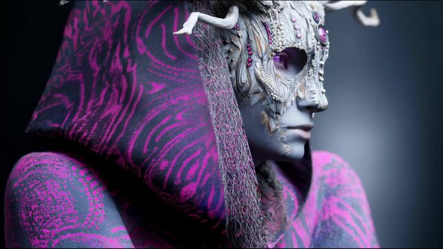 Figure in ornate carved mask with pink gems and horns, wearing vibrant purple-pink patterned hooded cloak