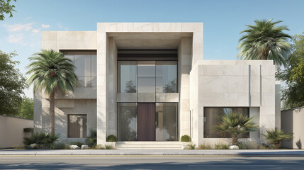 Fototapeta premium Modern luxury home with clean contemporary architecture, featuring large glass windows, minimalist details, and beautifully landscaped front yard with palm trees, modern living at its finest