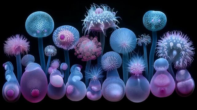 Close-up view of colorful microscopic virus-like particles with spikes and spherical bodies in blue, purple, and pink hues.