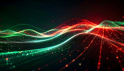 Abstract digital art depicts flowing, wavy lines of red and green particles against a dark background, creating dynamic motion