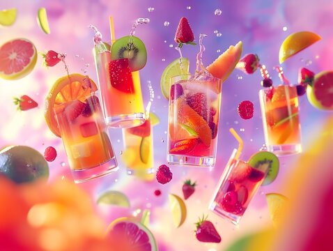 floating juice glasses with glowing surreal colors, tropical fruits suspended mid air, dreamlike magical scene, fantastic frontiers style, high quality stock JPG   2