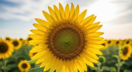 Obraz premium Vibrant Field of Sunflowers Under a Bright Summer Sky