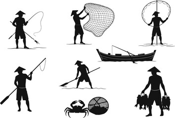 Traditional fishing silhouettes, fishermen with nets, spears, boats, seaweed, crab, paddling, coastal lifestyle, marine tools, cultural fishing methods, vector illustration