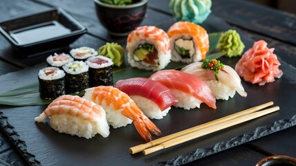 Assortment of fresh sushi and sashimi served on a black platter with chopsticks, wasabi, and pickled ginger, showcasing delicious japanese cuisine