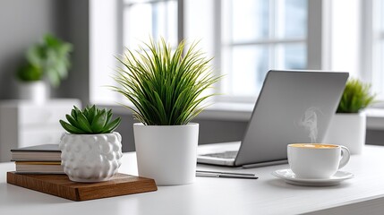 Plants coffee laptop on a desk
