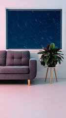 Obraz premium Indoor Comfort: Couch, Plant, and Window View of Star Trails Bringing the Cosmos Into The Room