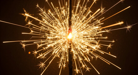 Obraz premium Captivating close-up of a vibrant, sparkling firework emitting golden rays against a dark background