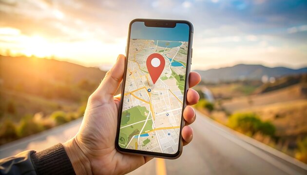 A hand holding a smartphone displaying a map with a location pin, against a blurred road and sunset background