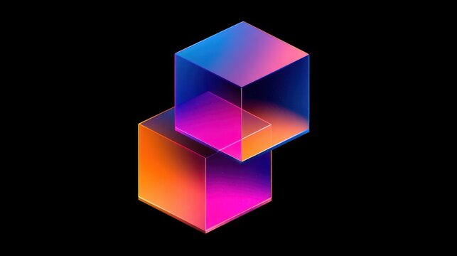 Two stacked, glowing, translucent cubes in vibrant, gradient colors
