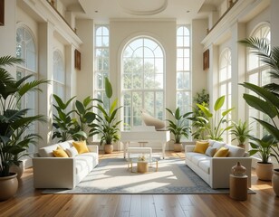 Elegant sunlit living room filled with lush plants and a grand piano creates a serene oasis