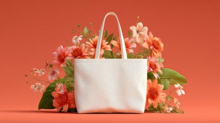 illustrated design of a white tote bag surrounded by vibrant orange and peach colored flowers the floral accents add a natural touch to the simple design perfect for eco friendly branding concepts