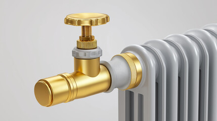Golden valve on white radiator in realistic style in gold, white, and gray
