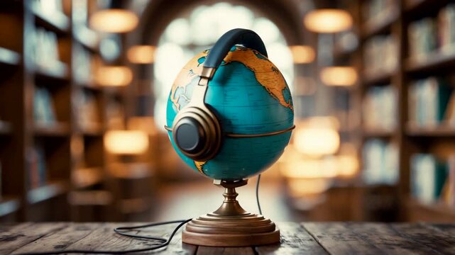Decorative globe wearing headphones placed on desk in library symbolizing global learning education knowledge through audio
