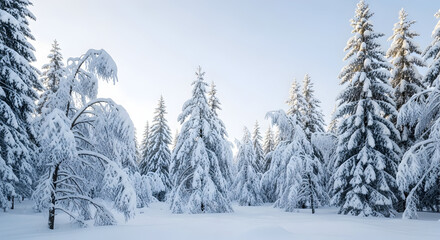 Obraz premium Serene winter landscape featuring snow-covered trees in a forest creating a peaceful and tranquil atmosphere