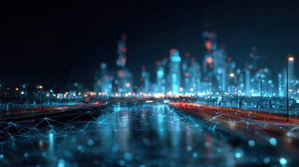 Futuristic Cityscape with Neon Lights and Digital Network Overlays