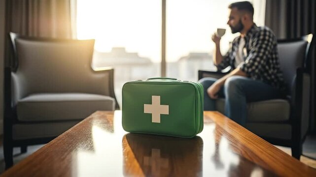 Emergency Preparedness and Peace of Mind with a First Aid Kit in Focus on a Table in a Sunlit Room with a Man Relaxing in the Background. - Powered by Adobe