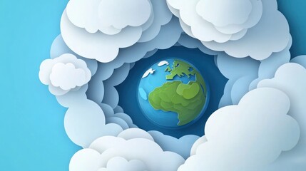 Earth surrounded by clouds paper cut style