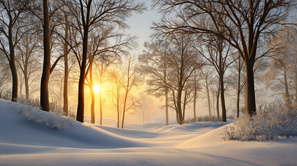 Snowy winter scene in sunrise golden light
