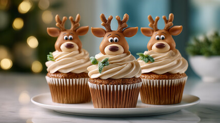Three reindeer cupcakes in festive style in brown colors for Christmas