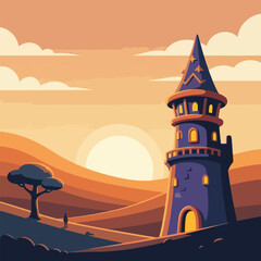 A magical wizard's tower with a pointed roof set against a backdrop of rolling hills and a golden sunset in a flat illustration style.