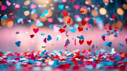 Vibrant multicolored paper confetti hearts falling in celebration party background with glowing festive bokeh lights - Powered by Adobe