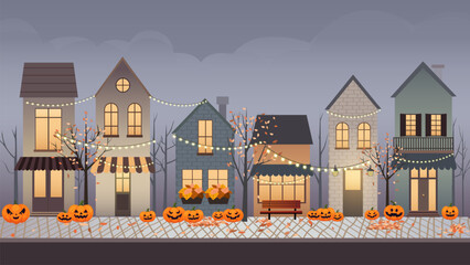 Halloween city. City decorated for Halloween. Houses, buildings, pumpkins, garlands. Holiday party concept. Vector illustration of city street decorated for Halloween.