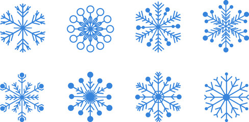 Set of snowflakes for Christmas design. Beautiful blue snowflakes. Snowflake template. Snowy winter. Snowflake icons. Vector illustration.