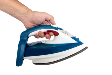 Hand holding iron on white background. Iron isolate.