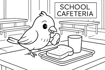 Cartoon bird eating food in school cafeteria, line art illustration. Animal coloring page