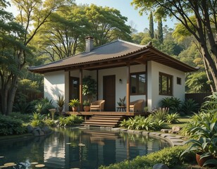 Fototapeta premium Serene modern home nestled amidst lush greenery with a tranquil pond