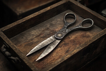 old scissors on wooden table