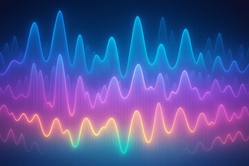 Vibrant multicolor glowing waveform lines in neon style on dark gradient background, symbolizing sound, frequency, and audio concepts