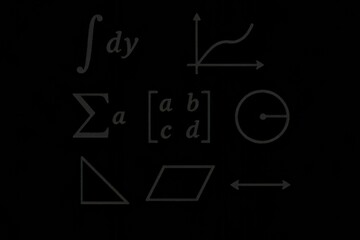 Collection of mathematical symbols, equations, and geometric shapes in minimal graphic style on black background, illustrating math concepts