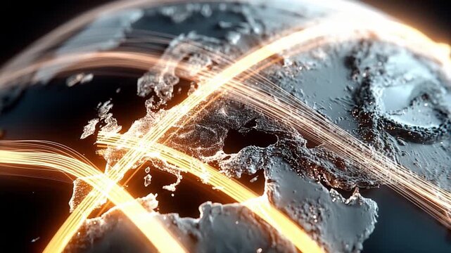 Global Network Connection: Illuminated lines of communication seamlessly weave across a detailed terrestrial globe, embodying connectivity and worldwide network.