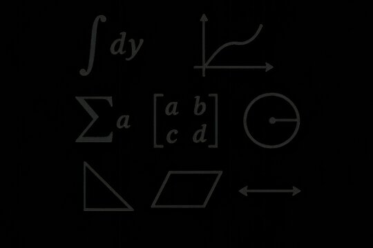 Collection of mathematical symbols, equations, and geometric shapes in minimal graphic style on black background, illustrating math concepts