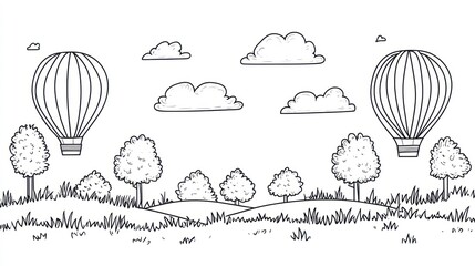 Hand drawn hot air balloons landscape