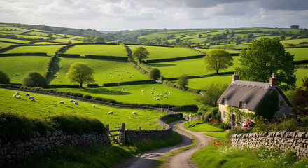 Idyllic English Countryside Cottage with Sheep Grazing in Green Fields on a Sunny Day