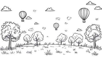 Hand drawn landscape with hot air balloons