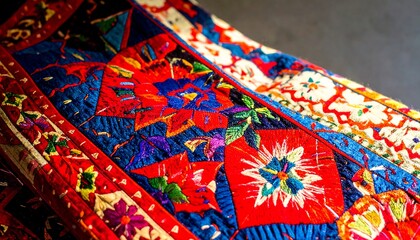 Vibrant embroidered patchwork textile