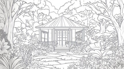 Monochrome house drawing in forest