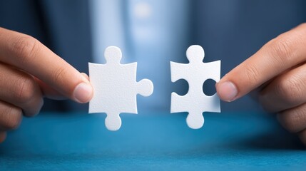 Close-up of two hands holding two white puzzle pieces, about to connect them, on a blue surface; symbolizing connection, collaboration, and problem-solving