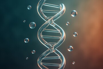 Transparent DNA double helix structure surrounded by floating droplets, photorealistic style, on a gradient background, concept of genetics