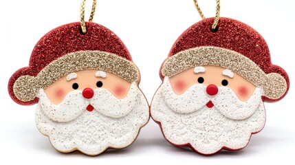 Two cute, sparkly Santa ornaments with red hats on a white background